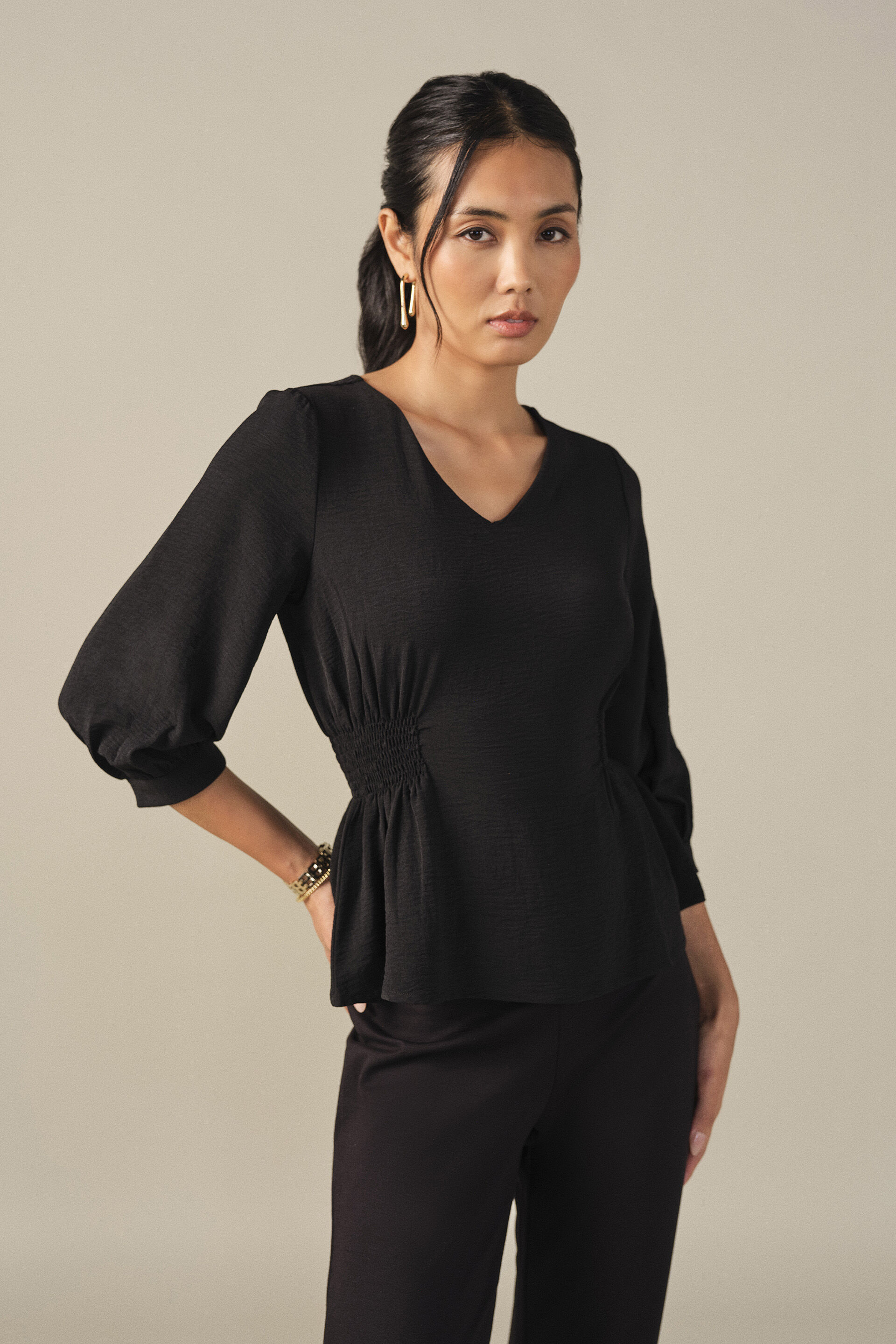 Side Smocked Top in Black, Black, image 4